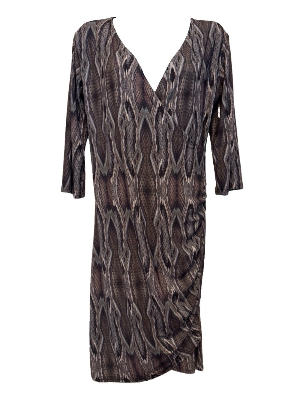 NWT Deborah Viereck Coyote Dress XS Cash, Vie-Coyote Snakeskin Faux Wrap Ruched